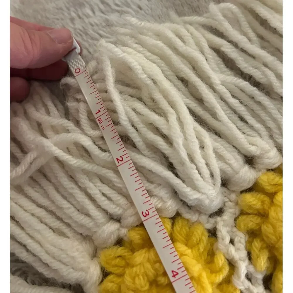Vintage Handmade Crochet Bobble Flower Afghan Throw Yellow White Fringe 58x49